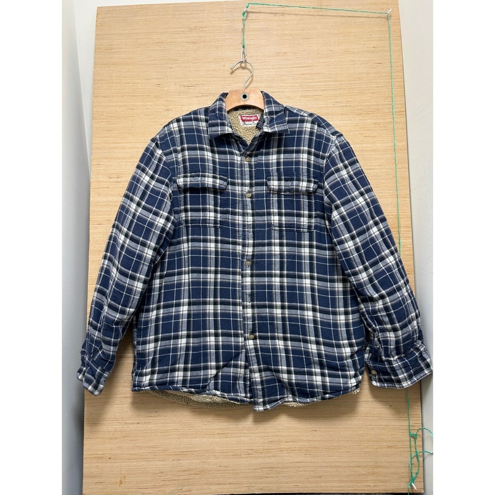 Wrangler‎ Mens Blue Plaid Sherpa Lined Flannel Shirt Jacket Shacket Size Medium
